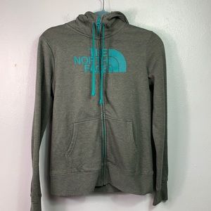 The North Face Gray & Teal Zip Front Graphic Logo Hoodie Small